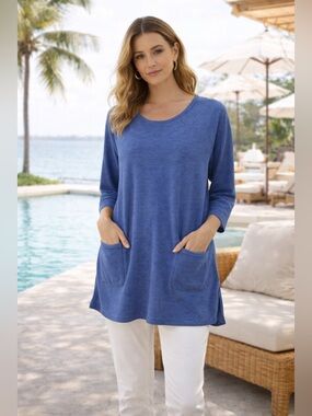 Habitat Blue Micro Stripe Tunic Top Pockets 3/4 Sleeve Cotton Sz Small Oversized